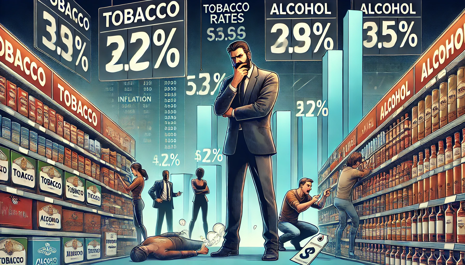DALLE 2024-06-26 21.32.05 - A dramatic hero image depicting the impact of inflation on tobacco and alcohol prices. The scene should show a store with shelves of tobacco and alcoh